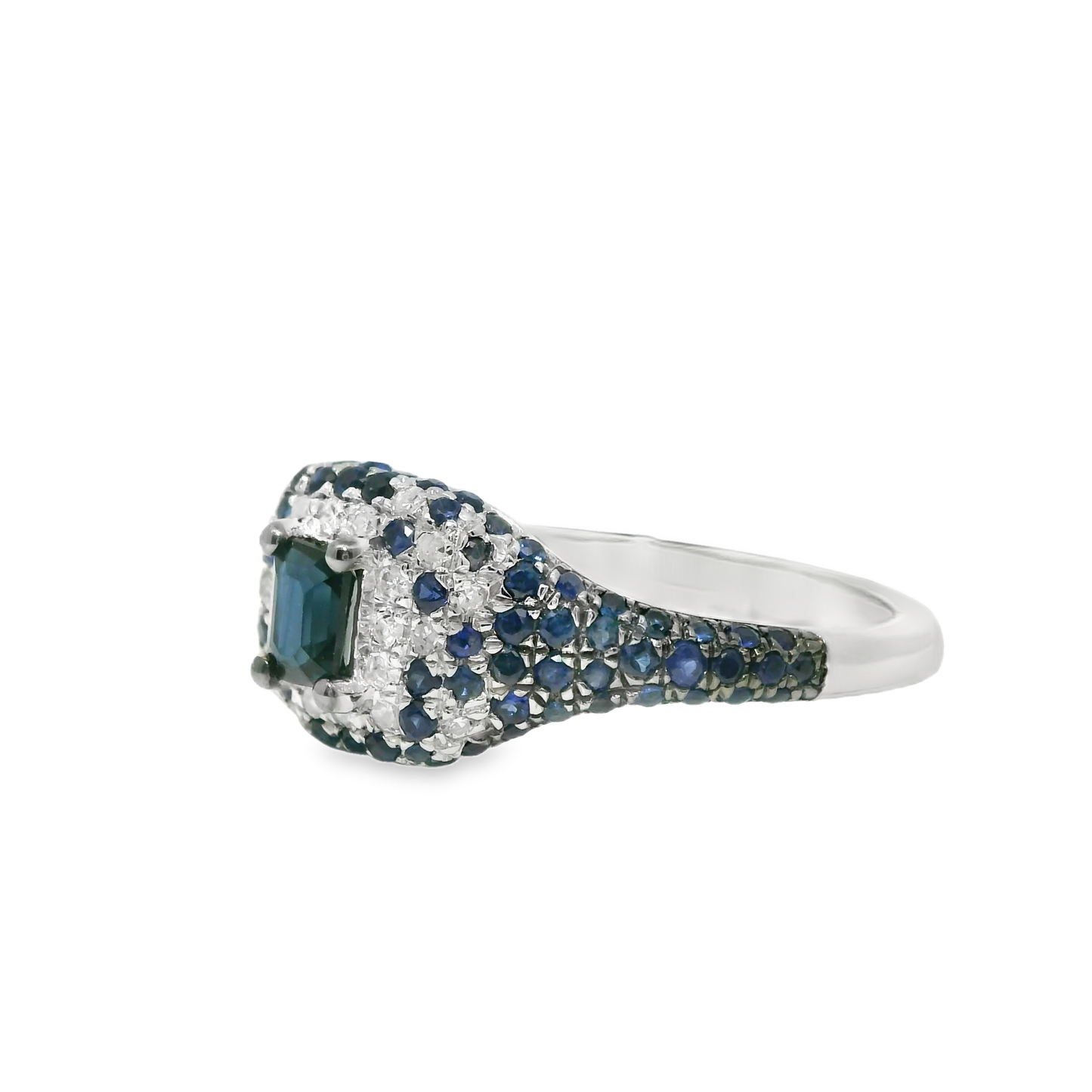 0.10CT Diamond & 0.83CT Blue Sapphire with Emerald Cut Blue Sapphire Centre Stone Ring 14k White Gold