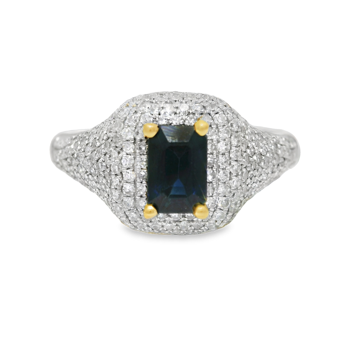 0.75CT Diamond & 0.85CT Emerald Cut Blue Sapphire Centre Stone Ring 14k Yellow Gold