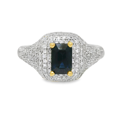0.75CT Diamond & 0.85CT Emerald Cut Blue Sapphire Centre Stone Ring 14k Yellow Gold