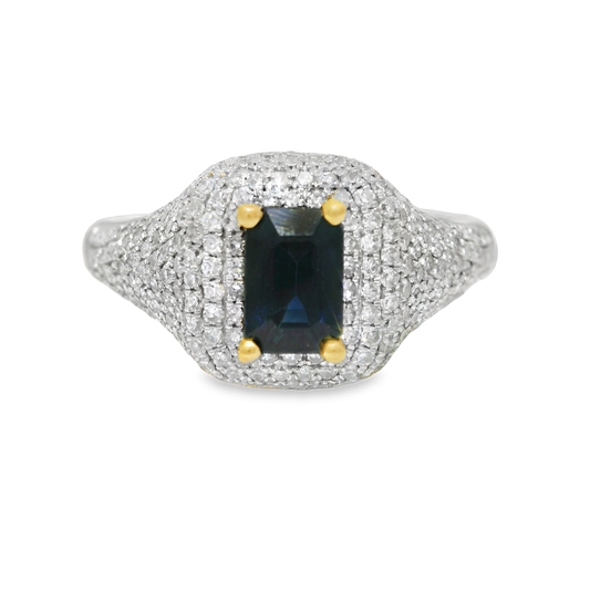 0.75CT Diamond & 0.85CT Emerald Cut Blue Sapphire Centre Stone Ring 14k Yellow Gold