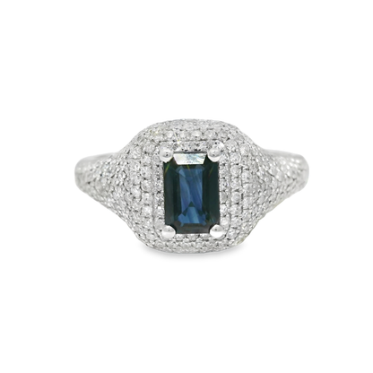 0.75CT Diamond & 0.85CT Emerald Cut Blue Sapphire Centre Stone Ring 14k Yellow Gold