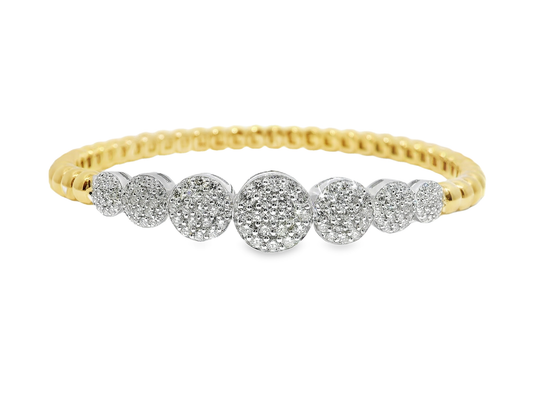 1.59CT Graduated Diamond disk Plain Beads Stretch Bangle 14k Yellow Gold