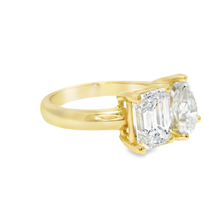 1.87CT Emerald Shape 1.38CT Pear Shape Lab Diamond Ring 14k Yellow Gold