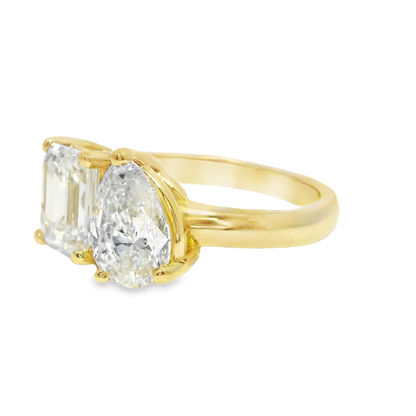 1.87CT Emerald Shape 1.38CT Pear Shape Lab Diamond Ring 14k Yellow Gold
