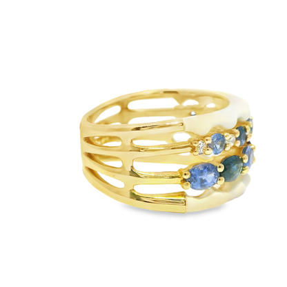 0.13 Ct diamond 2.01CT Blue Sapphire Ring 14k Yellow Gold