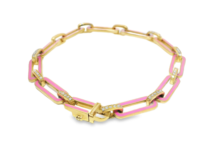 0.33CT Diamond Bracelet with Pink Enamel 14k Yellow Gold