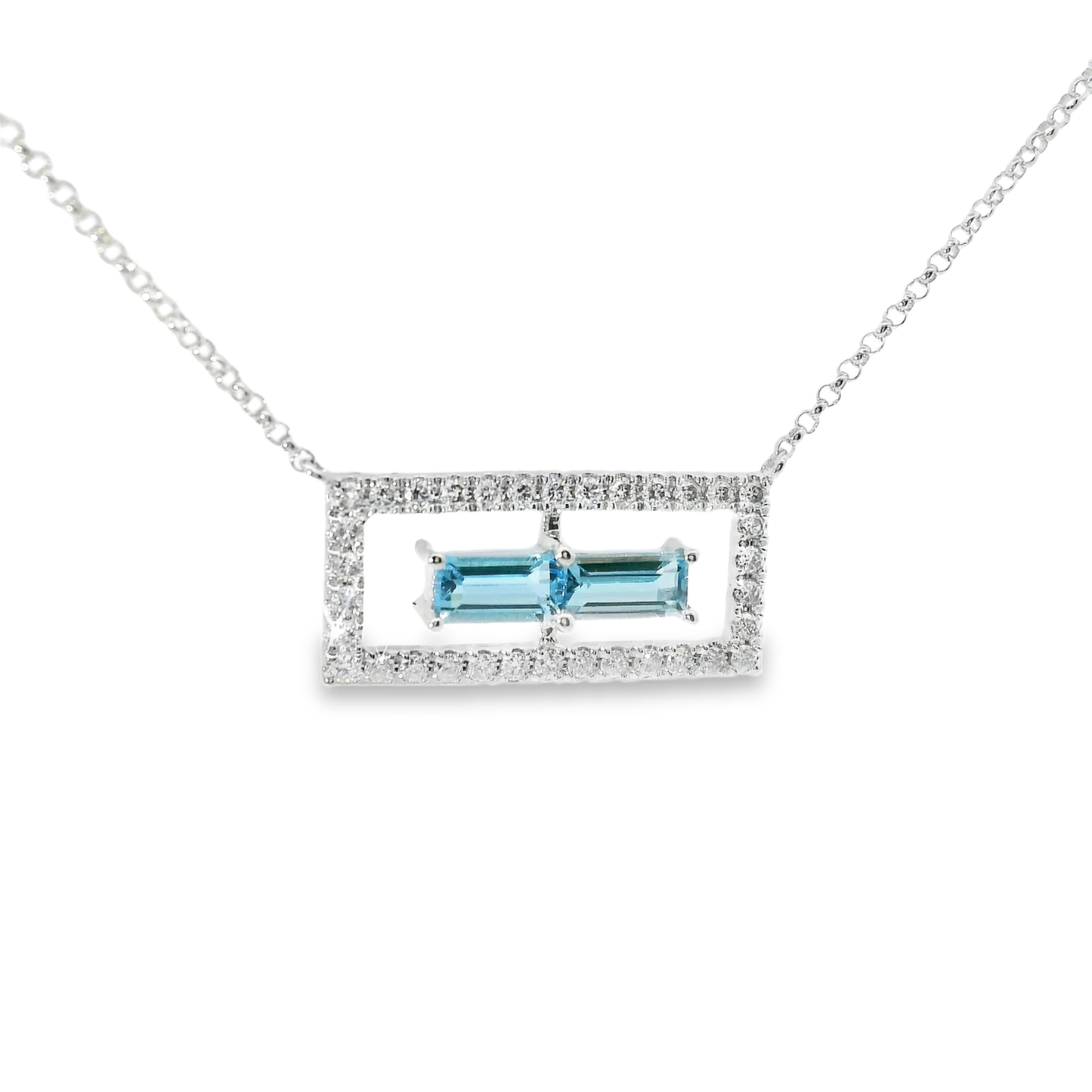 0.23CT Diamond 0.53CT Baguette Blue Topaz Pendant 14k White  Gold