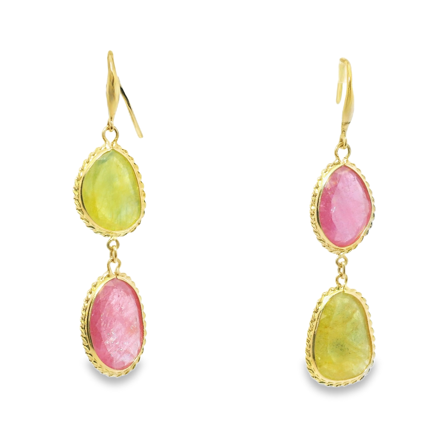 Pink and Green Sapphire 14k Yellow Gold Earring