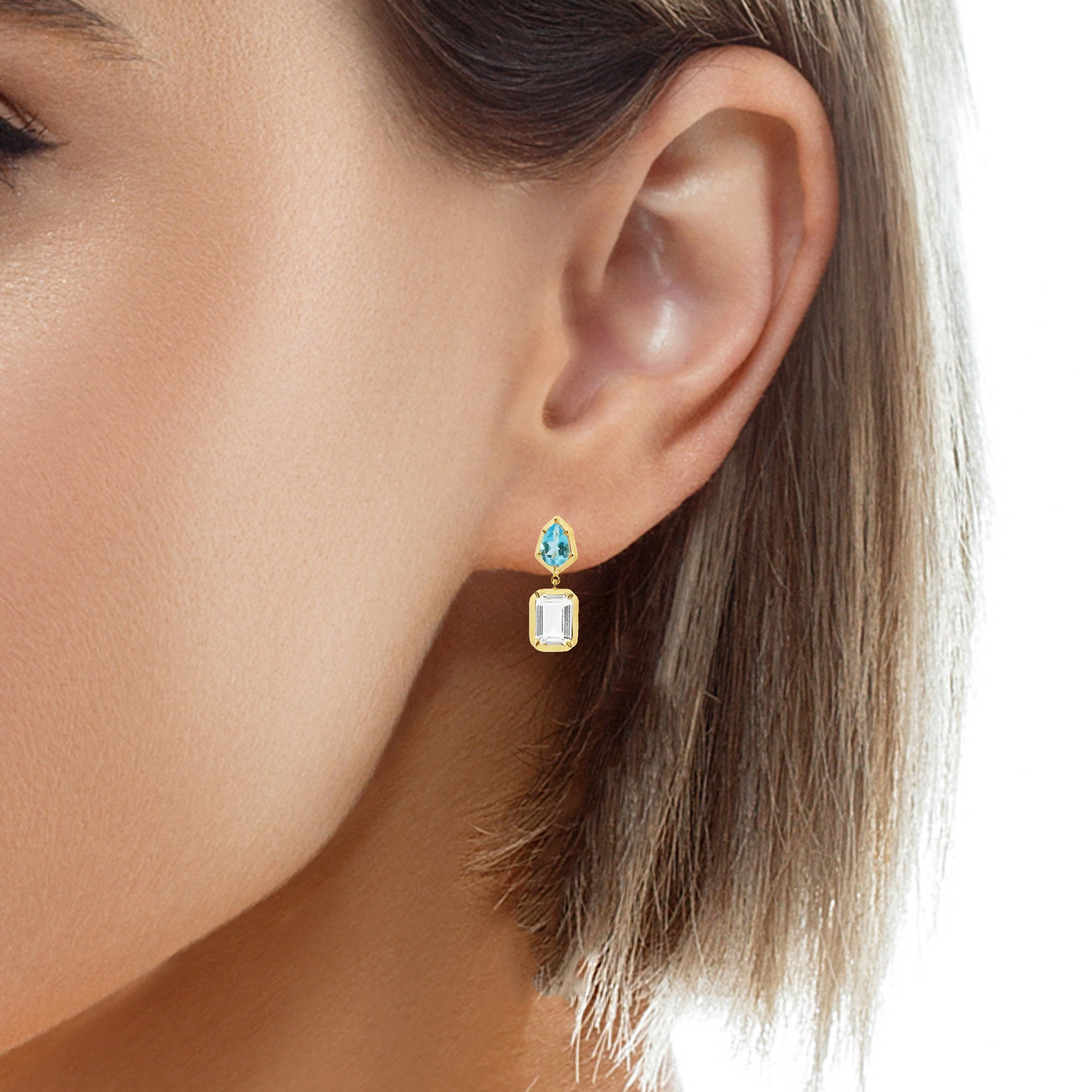 0.98CT Blue Topaz 1.86CT White topaz 14k Yellow Gold Earring