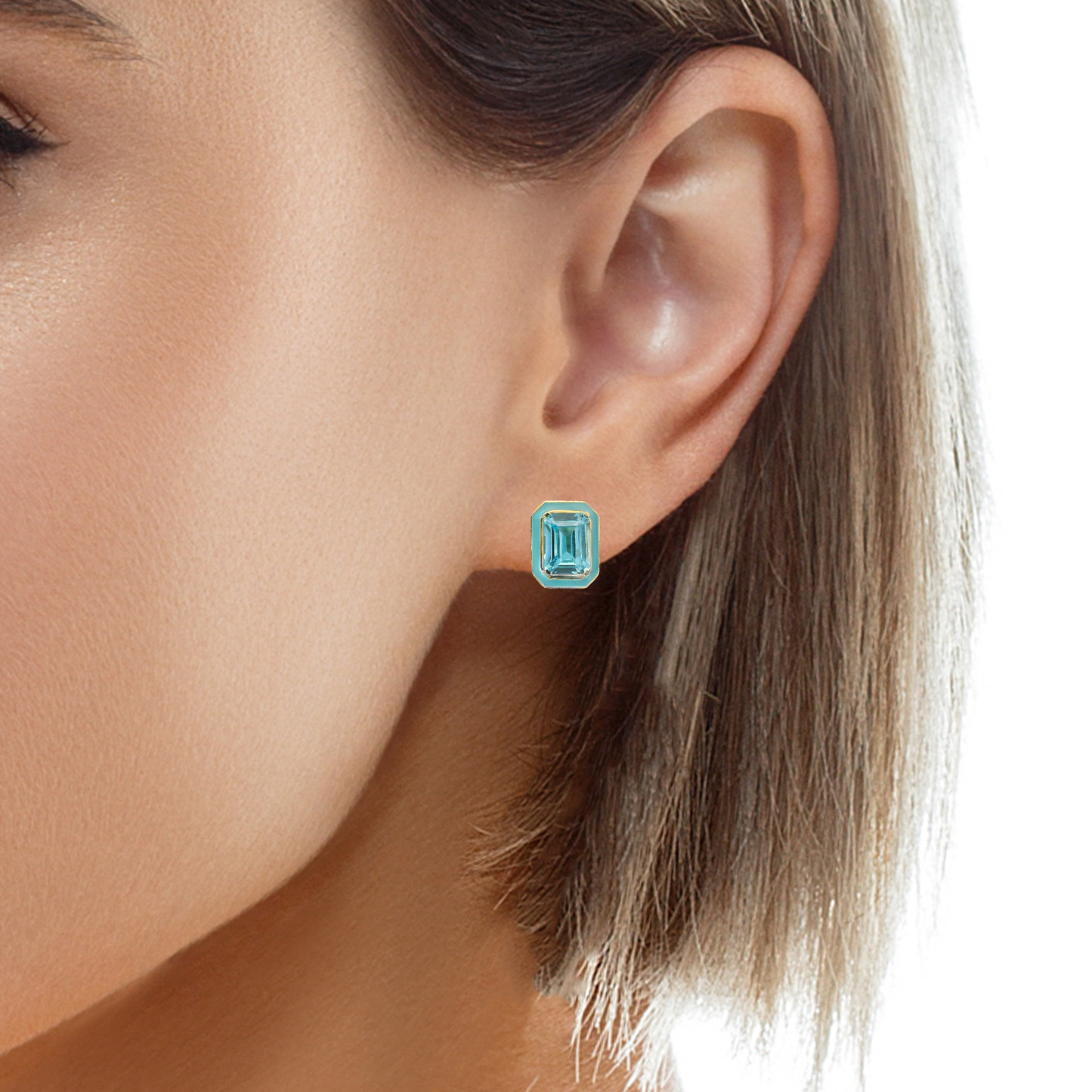 Swiss Blue Topaz Enamel 14k Yellow Gold Earring