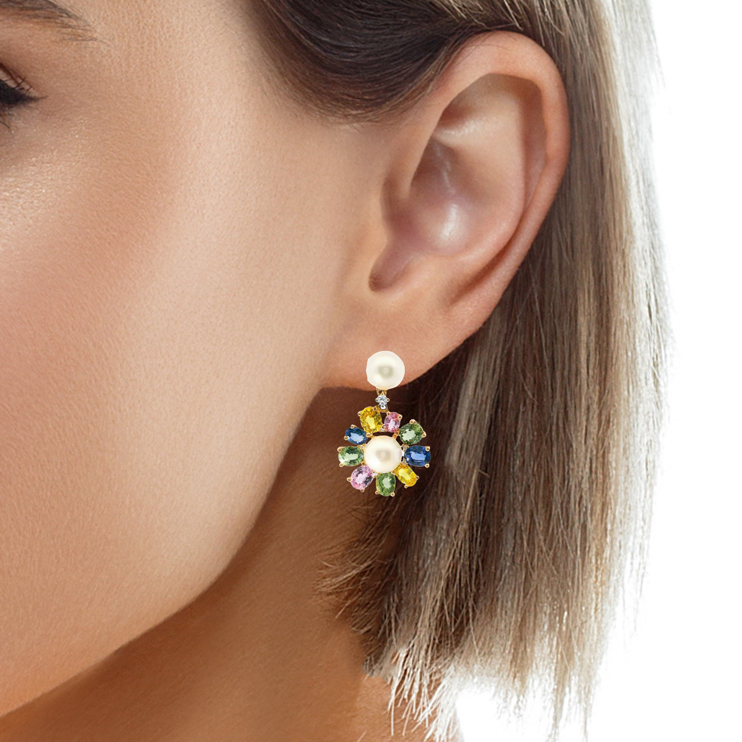 0.09CT Diamond 7.45CT Multi Sapphire 14k Rose Gold Pearl Earring