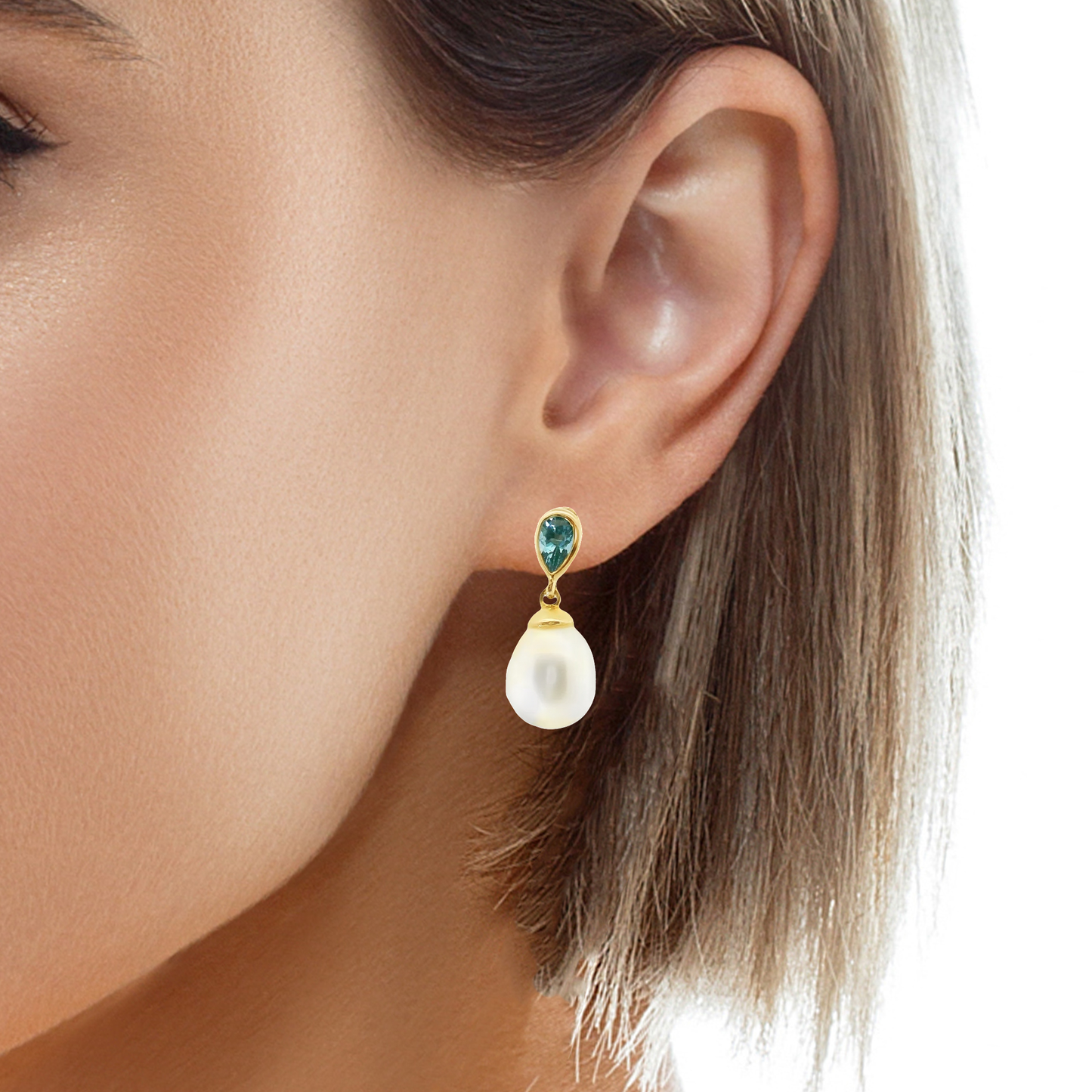 0.55CT Blue Topaz  14k Yellow Gold Pearl Earring