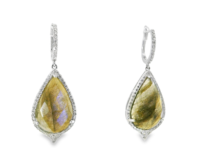 1.10CT Diamond with Faceted Labradorite Stone 14k White Gold Earring