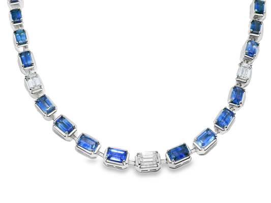 3.53CT Emerald Cut Lab Diamond 12.09CT Blue Sapphire 14K White Gold Necklace