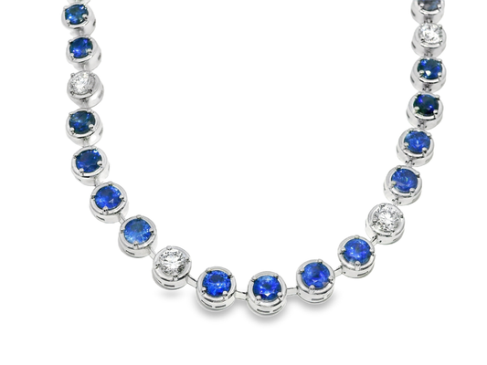 2.65CT Round Lab Diamond 11.69CT Blue Sapphire 14K White Gold Necklace