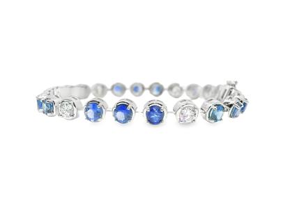 1.66CT Round Lab Diamond 5.95CT Blue Sapphire 14K White Gold Bracelet