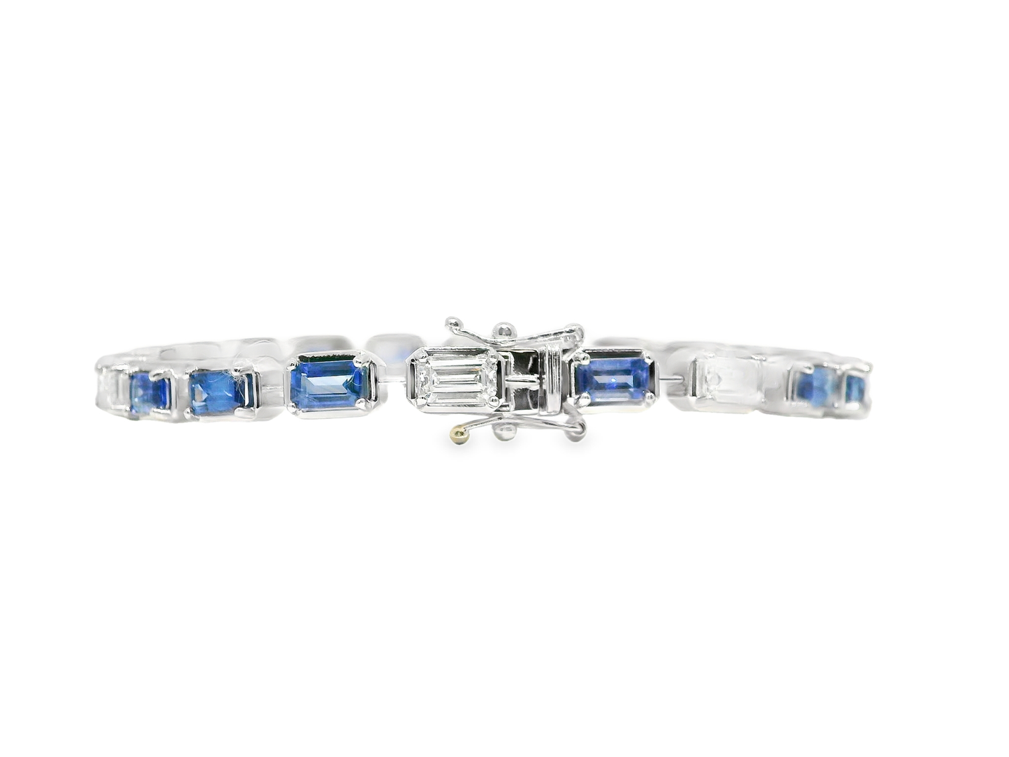 1.89CT Emerald Cut Lab Diamond 5.39CT Blue Sapphire 14K White Gold Bracelet