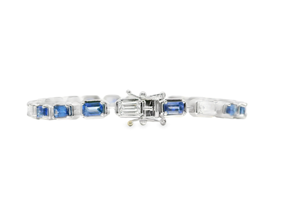 1.89CT Emerald Cut Lab Diamond 5.39CT Blue Sapphire 14K White Gold Bracelet
