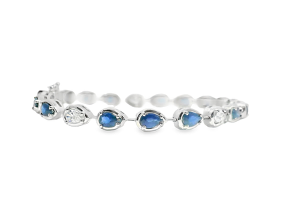 0.88CT Oval Lab Diamond 3.89CT Blue Sapphire 14k White Gold Bracelet