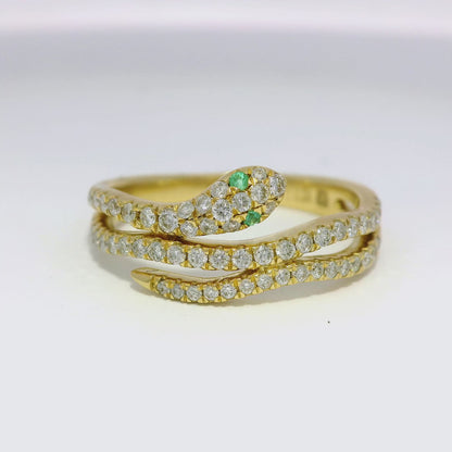 0.42CT Diamond and 0.03CT Emerald Serpent Ring 18K Yellow Gold
