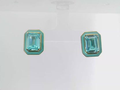 Swiss Blue Topaz Enamel 14k Yellow Gold Earring