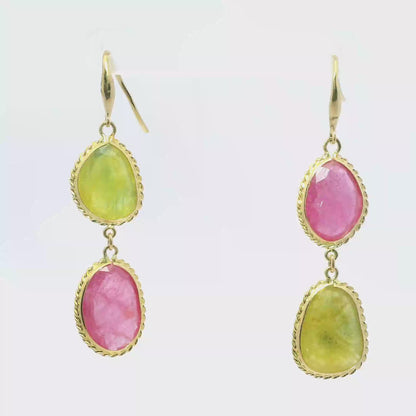 Pink and Green Sapphire 14k Yellow Gold Earring