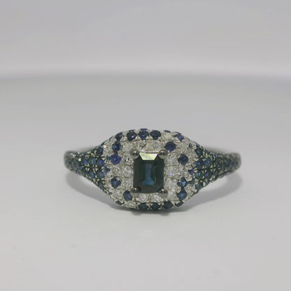 0.10CT Diamond & 0.83CT Blue Sapphire with Emerald Cut Blue Sapphire Centre Stone Ring 14k White Gold