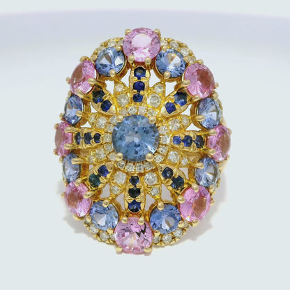 0.29CT Diamond and 4.71CT Multi-Colored Sapphire Gemstone Ring 14K Yellow Gold