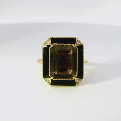0.03CT Diamond and 3.56CT Emerald Cut Smokey Quartz Ring 14K Yellow Gold