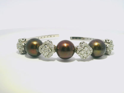 1.54CT Diamond with Brown Pearls Bangles 14k White Gold