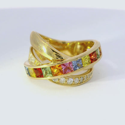 0.17CT Diamond and 1.81CT Mixed Sapphire Gemstone Ring 14K Yellow Gold