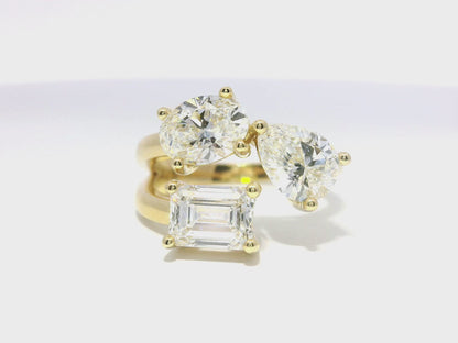 3.39CT Pear Oval & Emerald Cut Lab Diamond Ring 14k Yellow Gold