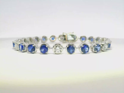 1.66CT Round Lab Diamond 5.95CT Blue Sapphire 14K White Gold Bracelet