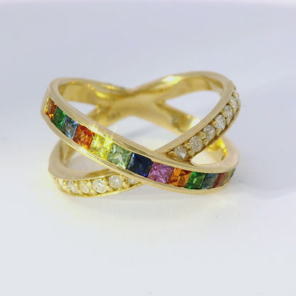 0.22CT Diamond and 0.93CT Mixed Sapphire Gemstone Ring 14K Yellow Gold