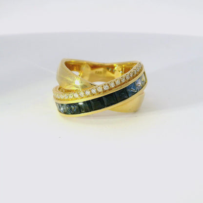 0.15CT Diamond and 1.85CT Blue Sapphire Ring 14K Yellow Gold