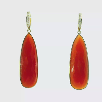 0.15CT Diamond with Orange Calcedony 14k Yellow Gold Earring