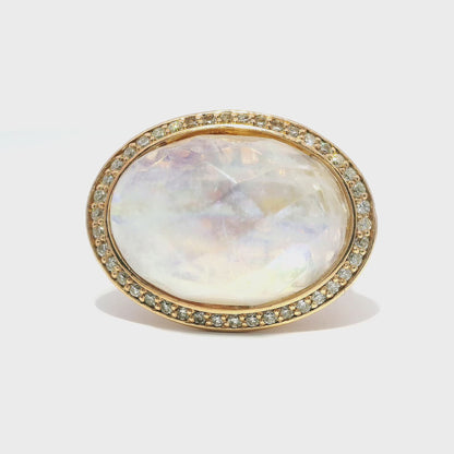 0.44CT Diamond 15.00CT Faceted Rainbow Moon Quartz 14k Rose Gold